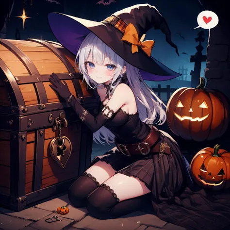 close treasure, hugging treasure chest, 1girl, kneeling, cheek press, keyhole,smile,spoken heart, happy, sitting,open mouth, glitter, belt on waist,sleeveless, glove,plaid skirt, dungeon, Halloween,trick or treat, bat,candy,witch,large breasts, masterpiece, best quality, <lora:close_treasure:1>, beutiful embroidery,intricate,elaborate,detail clothes,shiny clothes,