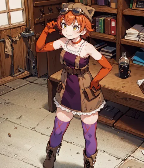 masterpiece, anime screencap, 1 girl, solo, smile, orange hair, brown cat cap, googles on head, red chocker, purple dress, stripped elbow gloves, stripped thighhighs, gloves, boots, ok gesture, standing, full body, workshop, indoors,  <lora:Lu:1>