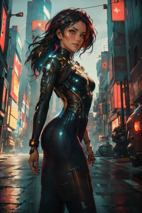 glamour photo of a stylish mature female, in a cyberpunk street, wearing a (bodysuit), (blush, evil smiling, long hair), (medium shot, from side below, 8k, RAW photo, best quality, depth of field, ultra high res:1.2), (neon colors, science fiction, vibrant colors, absurdres, intricate, photorealistic, masterpiece, ultra-detailed:1.3, cinematic lighting), shot at eye level, (photographed on a Nikon D850, 24mm wide angle lens, F/2.8 aperture), outdoors, (cyberpunk cityscape background:1.2), modelstyle photography setting, <lora:cyberpunkBodysuit_v10:0.8>, gigantic breasts, narrow waist, abs, long legs, slim legs,
<lora:epiNoiseoffset_v2:1> <lora:lykon_add_moreDetails:0.2>