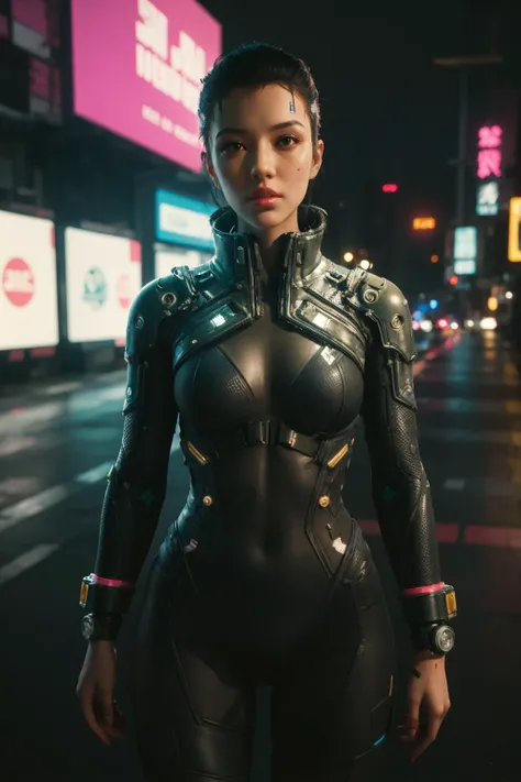 <lora:Bodysuit v13:0.8> 1girl, bodysuit,background, cyberpunk, neon color, science fiction