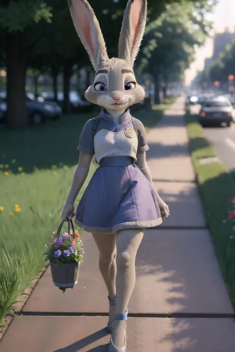 jdyhps, Judy Hopps, wearing a summer dress, walking on the sidewalk next to stores at the sunset, grass, trees, flowers
, photorealistic, hyper realistic, RAW photo, intricate details, subsurface scattering, fuzzy fur
 <lora:judyHopps_v3s10:1>