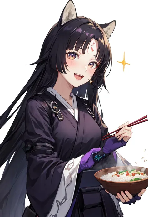 best quality, masterpiece, highres, solo, (saga_arknights:1.10), 1girl, forehead mark, black kimono, holding bowl, simple background, upper body, white background, fingerless gloves, open mouth, looking at viewer, long sleeves, holding chopsticks, blush, purple gloves, :d, rice bowl, sparkle, wide sleeves, food on face, teeth, 7 <lora:saga_arknights:0.80>