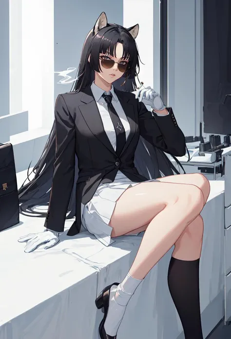 best quality, masterpiece, highres, solo, {black business suit:1.40}, {tie:1.20}, {sunglasses:1.25}, {white gloves:1.15}, {white shirt:1.10}, {black skirt:1.15}, {smoking:1.20}, handsome, {ui_bluearchive:1.15}, long_hair, black_hair, bangs, hairband, halo, bags_under_eyes, blue_hairband, blue_eyes, hair_between_eyes, blush, jewelry, necklace, cardigan, very_long_hair, breasts