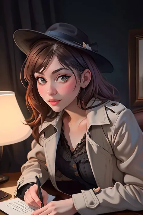 Merger_jule_garshine,
a 1940s private investigator wearing a trench coat and rimmed hat sitting in a drab dank office at the desk using a typewriter, private investigator, 1940s,
bokeh, f1.4, 40mm, photorealistic, raw, 8k, textured skin, skin pores, intricate details <lora:epi_noiseoffset2:1>, epiCRealism <lora:detail_slider_v4:0.8> <lora:ClothingAdjuster3:-0.8>