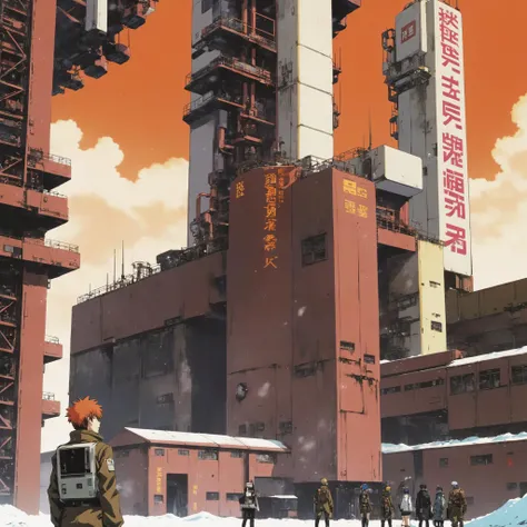 kyotopunk, anime key visual, midwinter sun, science fiction military base, impenetrable, heavy industry, technology, <lora:EnvyKyotopunkXL01:0.6>