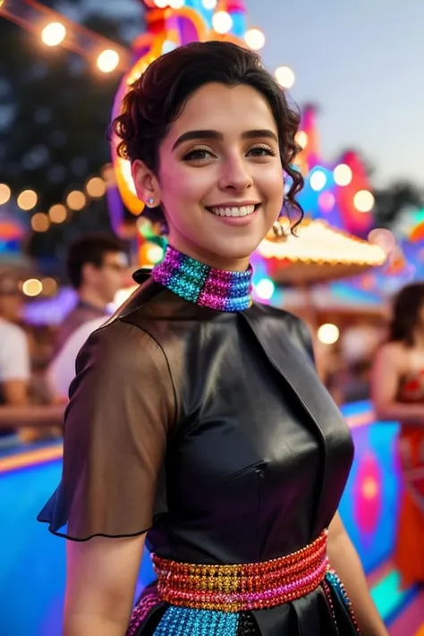 hires photo of a 30-year-old sanm woman, studio quality, looking straight at viewer, at a carnival, conservative high neck fashionable dress, black hair, smiling, background bokeh <lora:Sanm_Sanya_Malhotra_SD15_LoRA:0.8>