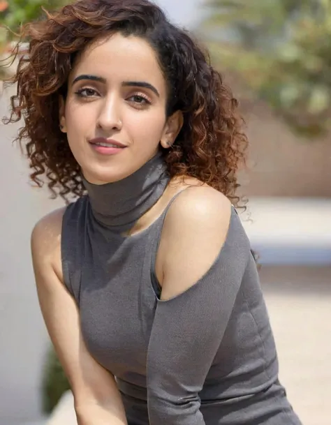 hires headshot photo of Sanya Malhotra woman, studio quality, sleeveless turtleneck, outdoors <lora:Sanya_Malhotra_SDXL_LoRA:1>