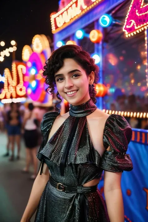 hires photo of a 30-year-old sanm woman, studio quality, looking straight at viewer, at a carnival, conservative high neck fashionable dress, black hair, smiling, background bokeh <lora:Sanm_Sanya_Malhotra_SD15_LoRA:0.8>