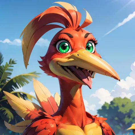 kazooie, bird, winged arms, feather hair, bird tail, flat chest, yellow body, yellow beak,large green eyes, looking at viewer, smiling, happy, portrait shot,
outside, simple background, blue sky, <lora:kazooie-v1:.8> extremely detailed, hdr,