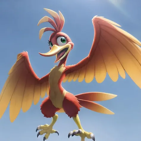 (best quality, masterpiece:1), furry female anthro kazooie bird girl, solo, flying, floating, winged arms, feathered wings, spread wings, bird tail, flat chest, smile, yellow beak, open mouth, looking at viewer, (blue sky clouds background:1.0), green eyes, <lora:kazooie-v1:1>