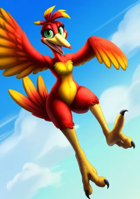 (best quality, masterpiece:1),furry female anthro kazooie bird girl,solo,flying,floating,winged arms,feathered wings,spread wings,bird tail,flat chest,smile,yellow beak,open mouth,looking at viewer,(blue sky clouds background:1),green eyes,<lora:kazooie-v1:1>,