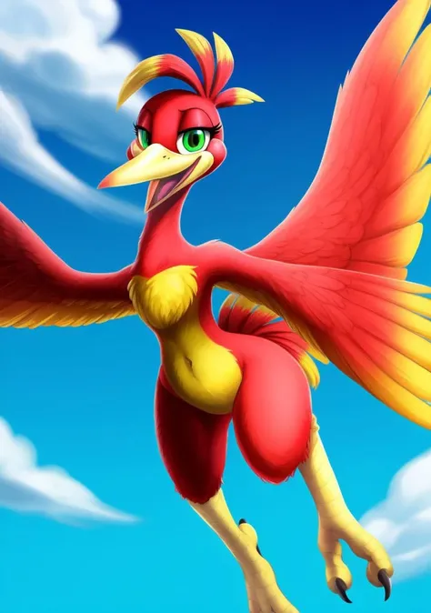 (best quality, masterpiece:1),furry female anthro kazooie bird girl,solo,flying,floating,winged arms,feathered wings,spread wings,bird tail,flat chest,smile,yellow beak,open mouth,looking at viewer,(blue sky clouds background:1),green eyes,<lora:kazooie-v1:1>,