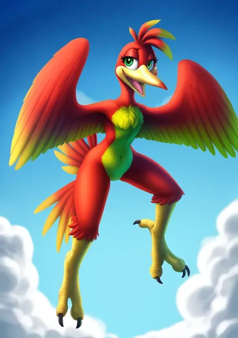 (best quality, masterpiece:1),furry female anthro kazooie bird girl,solo,flying,floating,winged arms,feathered wings,spread wings,bird tail,flat chest,smile,yellow beak,open mouth,looking at viewer,(blue sky clouds background:1),green eyes,<lora:kazooie-v1:1>,