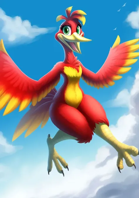(best quality, masterpiece:1),furry female anthro kazooie bird girl,solo,flying,floating,winged arms,feathered wings,spread wings,bird tail,flat chest,smile,yellow beak,open mouth,looking at viewer,(blue sky clouds background:1),green eyes,<lora:kazooie-v1:1>,