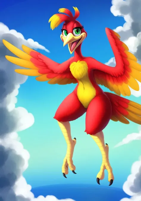 (best quality, masterpiece:1),furry female anthro kazooie bird girl,solo,flying,floating,winged arms,feathered wings,spread wings,bird tail,flat chest,smile,yellow beak,open mouth,looking at viewer,(blue sky clouds background:1),green eyes,<lora:kazooie-v1:1>,