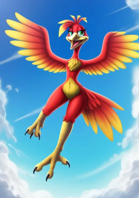 (best quality, masterpiece:1),furry female anthro kazooie bird girl,solo,flying,floating,winged arms,feathered wings,spread wings,bird tail,flat chest,smile,yellow beak,open mouth,looking at viewer,(blue sky clouds background:1),green eyes,<lora:kazooie-v1:1>,