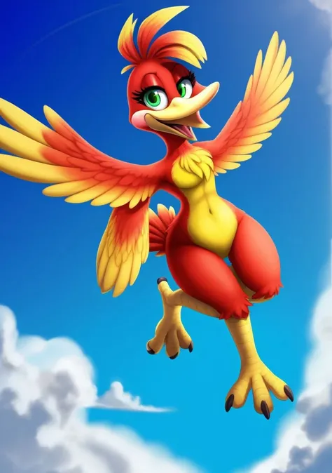 (best quality, masterpiece:1),furry female anthro kazooie bird girl,solo,flying,floating,winged arms,feathered wings,spread wings,bird tail,flat chest,smile,yellow beak,open mouth,looking at viewer,(blue sky clouds background:1),green eyes,<lora:kazooie-v1:1>,