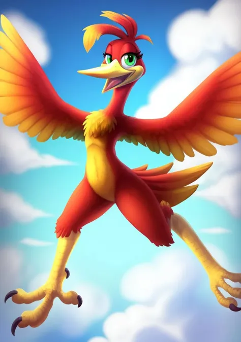 (best quality, masterpiece:1),furry female anthro kazooie bird girl,solo,flying,floating,winged arms,feathered wings,spread wings,bird tail,flat chest,smile,yellow beak,open mouth,looking at viewer,(blue sky clouds background:1),green eyes,<lora:kazooie-v1:1>,