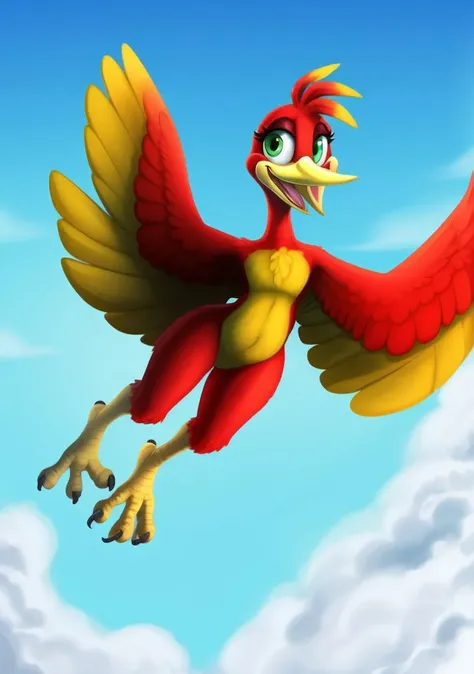 (best quality, masterpiece:1),furry female anthro kazooie bird girl,solo,flying,floating,winged arms,feathered wings,spread wings,bird tail,flat chest,smile,yellow beak,open mouth,looking at viewer,(blue sky clouds background:1),green eyes,<lora:kazooie-v1:1>,