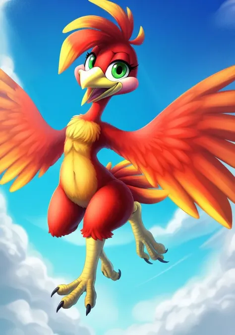 (best quality, masterpiece:1),furry female anthro kazooie bird girl,solo,flying,floating,winged arms,feathered wings,spread wings,bird tail,flat chest,smile,yellow beak,open mouth,looking at viewer,(blue sky clouds background:1),green eyes,<lora:kazooie-v1:1>,