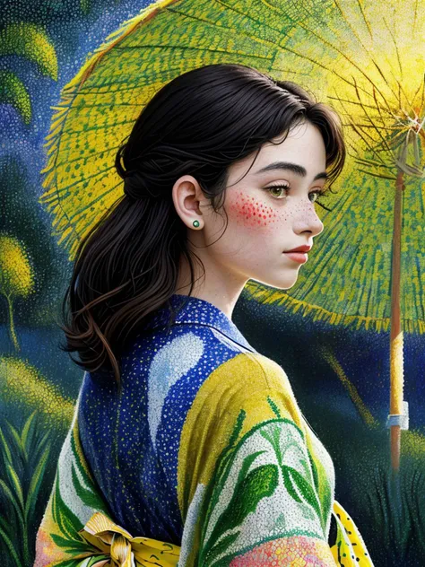 (pointillist painting, dots, Seurat style, vibrant, highly detailed:1.15), upper-body <lora:sd15_locon_GiovannaScotti_24_v1-000012:.9> GiovannaScotti, focus on face, from behind wearing a lemon print kimono , her hair is styled as ombr hair,
