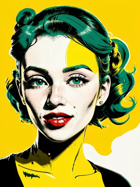 (silkscreen style, bold colors, flat, pop art, Warhol inspired:1.15), <lora:sd15_locon_GiovannaScotti_24_v1-000012:.9> GiovannaScotti, focus on eyes, close up on face, smiling, wearing jewelry, green-yellow color hair styled as knotted chignon, desaturated grunge filter