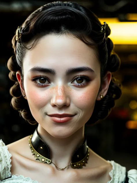 (steampunk style, gears, brass, Victorian, intricate, detailed:1.15), (eye level, closeup on face:1.2) <lora:sd15_locon_GiovannaScotti_24_v1-000012:.9> GiovannaScotti, smiling, she is wearing fengguan, her hair is styled as Straight Finger Waves, BREAK she is (in the garage:1.1), hash flash lighting, soft focus,shot on ALEXA 65 ,