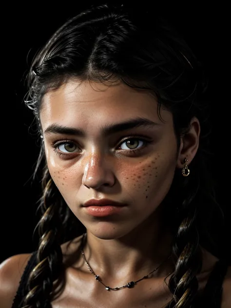 chiaroscuro portrait, high contrast, dramatic, Rembrandt lighting, photo of <lora:sd15_locon_GiovannaScotti_24_v1-000012:.9> GiovannaScotti, focus on eyes, close up on face, pouting, wearing jewelry, hair styled as micro braids,