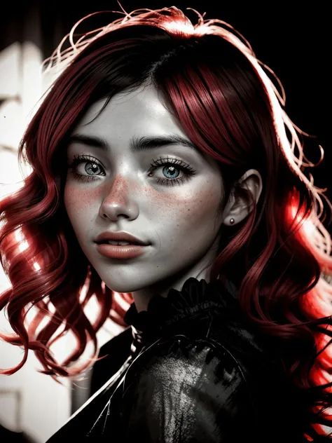 (shadow art style, silhouette, monochrome, contrast, detailed:1.15), <lora:sd15_locon_GiovannaScotti_24_v1-000012:.9> GiovannaScotti, focus on eyes, close up on face, coral pink color hair styled as layered waves hair, lens flare