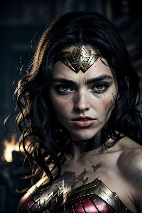 realistic photo of <lora:sd15_locon_GiovannaScotti_24_v1.0:.9> GiovannaScotti, Style-GravityMagic, (bloody scars:0.7), looking at viewer, solo, upper body, detailed background, close up, (50%evil wonder woman theme:1.1), superhero, aggressive expression, dynamic pose, smoke, epic cinematic atmosphere,