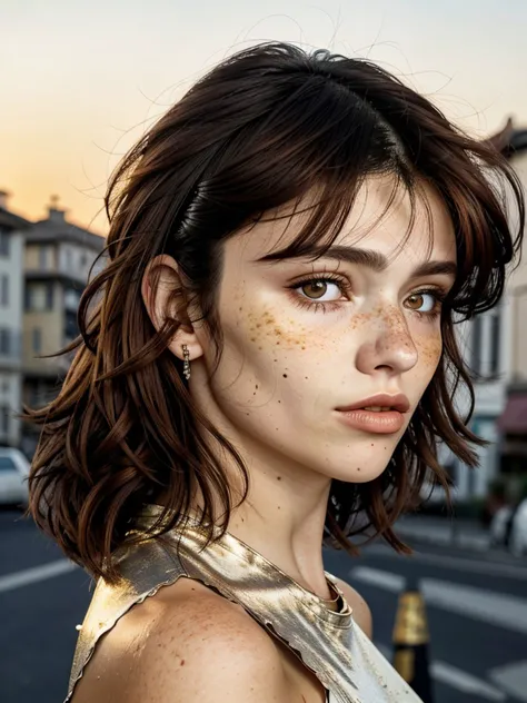 photo of <lora:sd15_locon_GiovannaScotti_24_v1-000012:.9> GiovannaScotti, focus on eyes, close up on face, pouting, Henna color hair styled as mullet hair, warm golden hour lighting