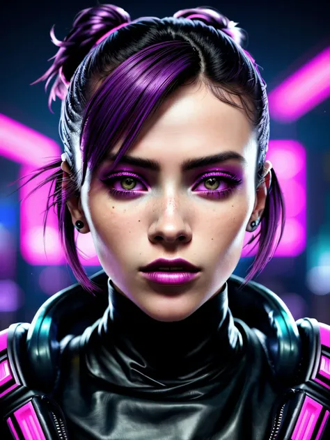 (neonpunk style, cyberpunk, vaporwave, neon, vibes, vibrant, stunningly beautiful, crisp, detailed, sleek, ultramodern, magenta highlights, dark purple shadows, high contrast, cinematic, ultra detailed, intricate, professional:1.15), <lora:sd15_locon_GiovannaScotti_24_v1-000012:.9> GiovannaScotti, focus on eyes, close up on face, hair styled as tucked bun, ND filter