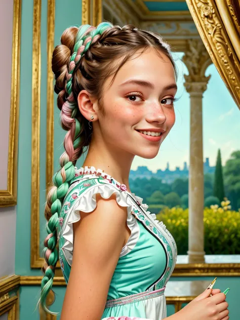 (rococo art, ornate, pastel, romantic, highly detailed:1.15), close range <lora:sd15_locon_GiovannaScotti_24_v1-000012:.9> GiovannaScotti, focus on smiling face, wearing a tennis dress <lora:tennis_dress-1.0:0.8> , her hair is styled as Straight Fishtail Braid Bun,
