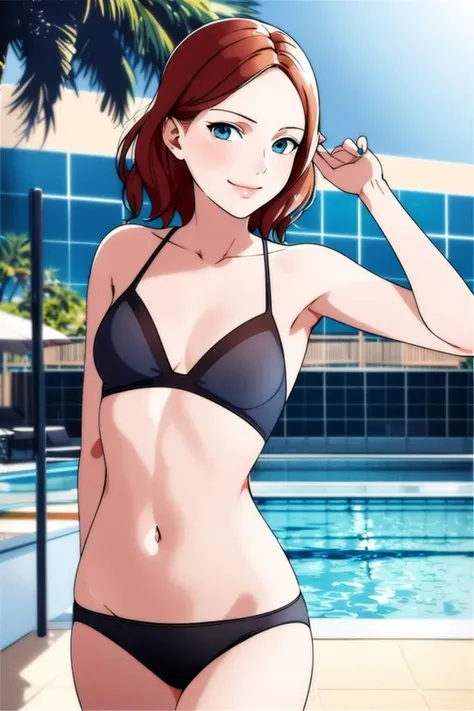 mcquinn, 1girl, girl focus, 30 years old, ginger hair, large eyes, blue eyes, beautiful eyes, looking at viewer,
cute, bikini, petite, small breasts, blush, full-face blush, cute smile,
swimming pool, palm trees,
<lora:cdtm:1> cdtm style, comic book style