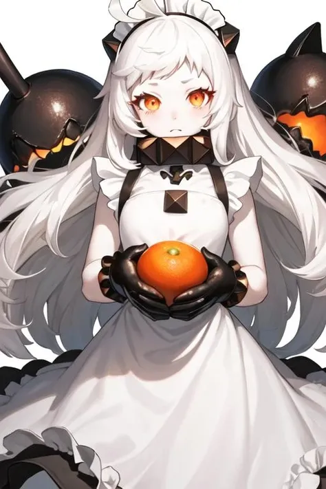 best quality, masterpiece, highres, solo, {maid:1.40}, {long maid dress:1.15}, {northern_ocean_hime_kantaicollection:1.15}, long_hair, white_hair, abyssal_ship, horns, mittens, white_skin, colored_skin, ahoge, red_eyes, pale_skin, orange_eyes