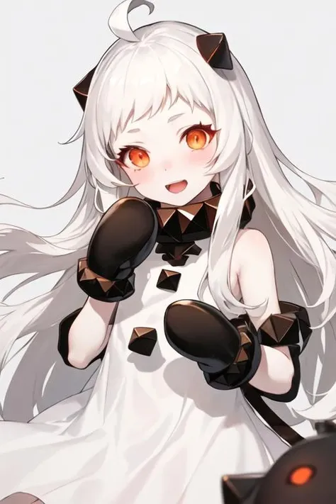 best quality, masterpiece, highres, solo, {northern_ocean_hime_kantaicollection:1.15}, long_hair, white_hair, abyssal_ship, horns, mittens, white_skin, colored_skin, ahoge, red_eyes, pale_skin, orange_eyes, 1girl, blush, dress, looking_at_viewer, open_mouth, white_background, white_dress, simple_background