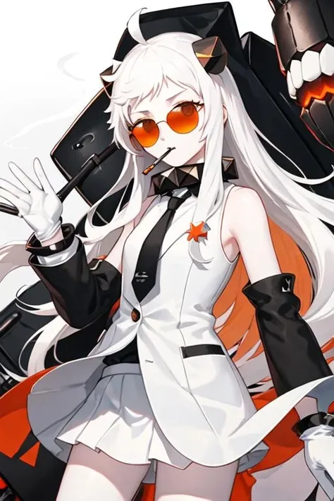 best quality, masterpiece, highres, solo, {black business suit:1.40}, {tie:1.20}, {sunglasses:1.25}, {white gloves:1.15}, {white shirt:1.10}, {black skirt:1.15}, {smoking:1.20}, handsome, {northern_ocean_hime_kantaicollection:1.15}, long_hair, white_hair, abyssal_ship, horns, mittens, white_skin, colored_skin, ahoge, red_eyes, pale_skin, orange_eyes