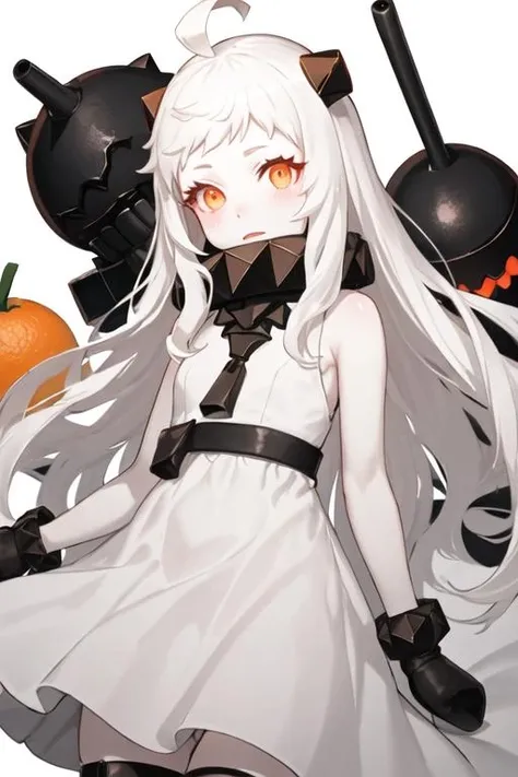 best quality, masterpiece, highres, solo, {northern_ocean_hime_kantaicollection:1.15}, long_hair, white_hair, abyssal_ship, horns, mittens, white_skin, colored_skin, ahoge, red_eyes, pale_skin, orange_eyes, 1girl, dress, looking_at_viewer, white_dress, covered_mouth