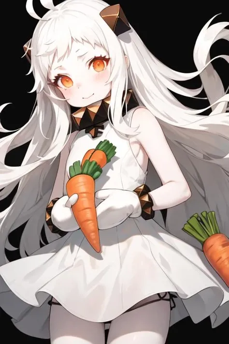 best quality, masterpiece, highres, solo, {northern_ocean_hime_kantaicollection:1.15}, long_hair, white_hair, abyssal_ship, horns, mittens, white_skin, colored_skin, ahoge, red_eyes, pale_skin, orange_eyes, 1girl, covered_mouth, dress, blush, carrot, looking_at_viewer, sleeveless_dress, white_dress, holding, sleeveless