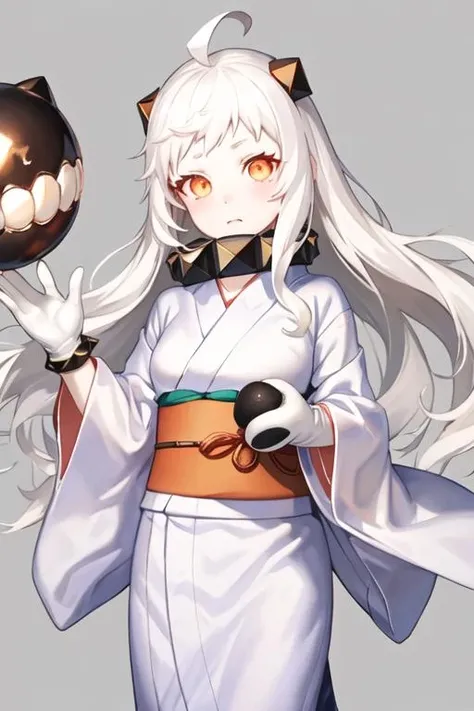 best quality, masterpiece, highres, solo, {yukata:1.40}, {kimono:1.20}, {northern_ocean_hime_kantaicollection:1.15}, long_hair, white_hair, abyssal_ship, horns, mittens, white_skin, colored_skin, ahoge, red_eyes, pale_skin, orange_eyes