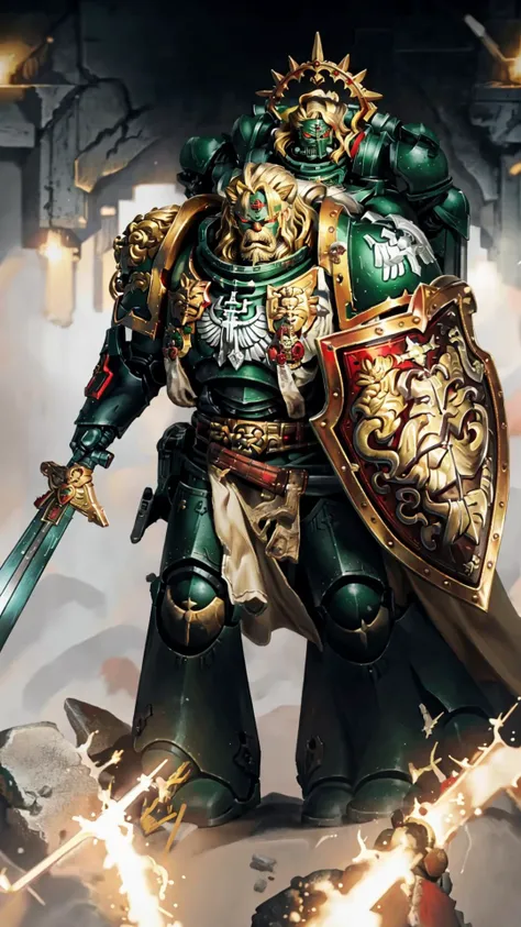 <lora:Dark_Angels_Warhammer_40K:0.65> Dark Angels Warhammer, red eyes, 1boy, solo, male focus,  robot, D, pauldrons, shoulder pads, power armor, shoulder armor, arrow (symbol),  <lora:lionel mk1:0.7> Lion'el, sword, shield,  30k, blonde hair, long hair, beard,