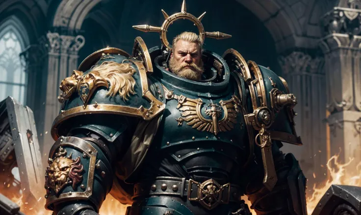 mid body, <lora:lionel mk1:0.5> , Warhammer, standing straight, closed fists, 30k,
1man, space marine, battle hardened, big, bulky metal Armour, angry, man face, blonde hair, halo, sword, castle wall
,  <lora:more_details:0.2> <lora:Elixir:0.5>  <lora:dieselpunk:0.5>