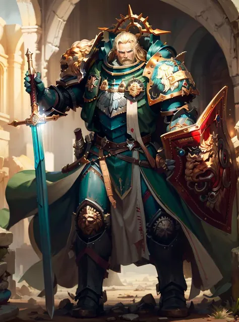 (8k), (cinematic lighting), (sharp focus), (intricate), (masterpiece), (best quality), (detailed),
volumetric lighting, (windy dust debris storm:1.1), fog depth, mist, very bright morning, sunlight,
solo, 1boy,
full armor, battle-worn armor, 40k, lion'el, blonde hair, long hair, shield, facial scaring,
sword, weapon,
fantasy setting, great stone castle,
<lora:lionel mk1:0.8>
