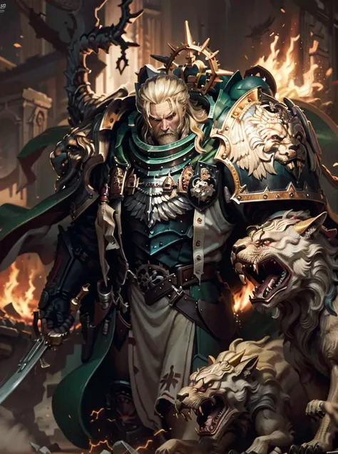(8k), (cinematic lighting), (sharp focus), (intricate), (masterpiece), (best quality), (detailed),
volumetric lighting, (windy dust debris storm:1.1),  fog depth, mist, light from explosion, fire, flame, heavy rain, night,  
solo, 1boy, 
full armor, battle-worn armor, 40k, lion'el, blonde hair, slickedback hair,  facial scaring, old, 
sword, weapon, 
fantasy setting,  great stone castle, ruined buildings, 
<lora:lionel mk1:0.8>   <lora:artstyle - Miura_08:0.3> <lora:artstyle - 3D Inspired:0.3>