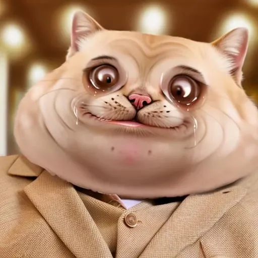 RAW photo, huge chins, small eyes , solo, upper body of a cat in f0r3v3r face, ((tears, wearing suit))<lora:f0r3v3r-v2-000055:0.8>, 8k uhd, dslr, high quality, film grain, Fujifilm XT3, simple background