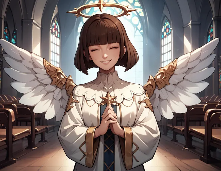 score_9, score_8_up, score_7_up, <lora:EPmhrRondine:0.8> EPmhrRondine, short hair, brown eyes, blunt bangs, bob cut, brown hair,  white robe with gold trim, white wings, halo, own hands together,  smiling, eyes closed,  in church, motherly smile, looking at viewer,