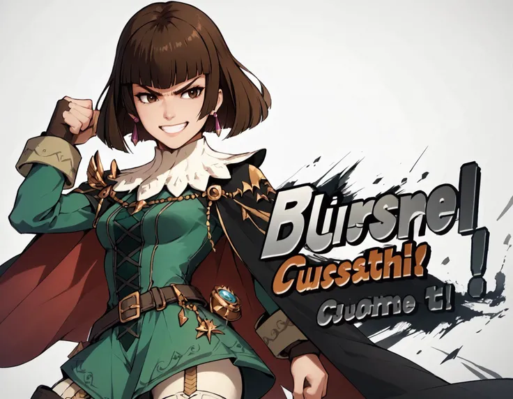 score_9, score_8_up, score_7_up, <lora:EPmhrRondine:0.8> EPmhrRondine,, short hair, brown eyes, blunt bangs, bob cut, brown hair, medium breasts, frilled collar, fingerless gloves, jewelry, earrings, cape, green dress, long sleeves, fingerless gloves, white legwear, belt, garter straps, thigh boots, grin, determined, one arm up, clenched hand, white background, <lora:SSBUSplashArt_XLPD_1:1.4> ssbusplashart,