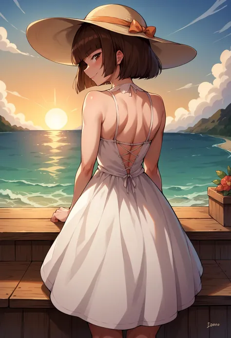 score_9, score_8_up,score_7_up, source_anime,1girl, solo, <lora:EPmhrRondine:1>,EPmhrRondine, short hair, brown eyes, blunt bangs, bob cut, brown hair,  smile, from behind, white dress, looking back, blush, arms behind back, bare shoulders, female focus, looking at viewer, hat, back, dress, sundress, outdoors, sun hat, sky, sunset, ocean, reflective water,