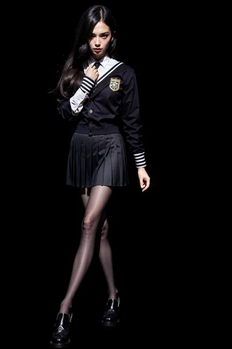 (1girl, 30yo), , <lora:hsod:0.7> black pantyhose, loafers, serafuku, school uniform, pleated skirt, 0d, legs, glamorous , stylish , trendy , by Richard Avedon , Helmut Newton , Mario Testino , Annie Leibovitz , Steven Meisel