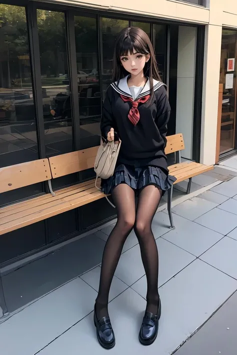 (masterpiece, best quality), 1girl, 22 years old, <lora:hsod:1> black pantyhose, loafers , mary janes, serafuku, school uniform, pleated skirt, plaid skirt, black_footwear, brown _footwear, 0d, legs,
